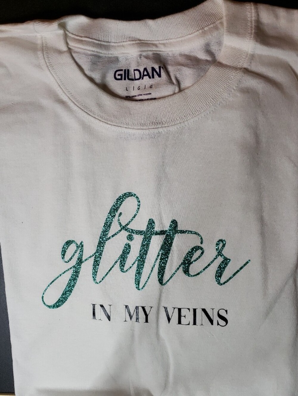 Gildan White Tee with Teal Glitter Script "Glitter In My Veins" - Picture 2 of 3